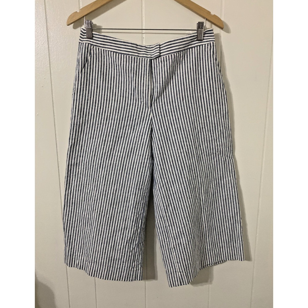 Boden Linen Blue Striped WIde Leg Zip Capri Pants 12 Petite Beachy Casual Resort